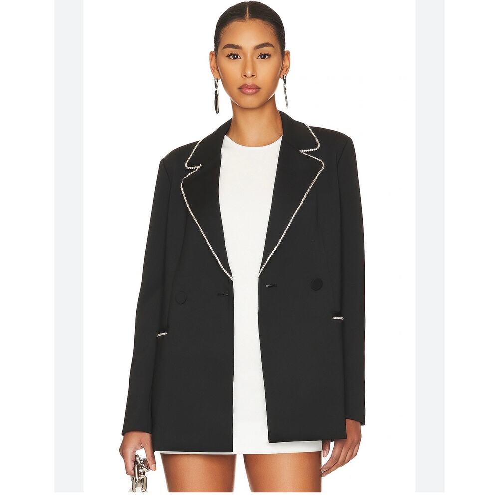 Good American Womens Crystal Trim Collared Button Up Blazer Jacket Black Size M